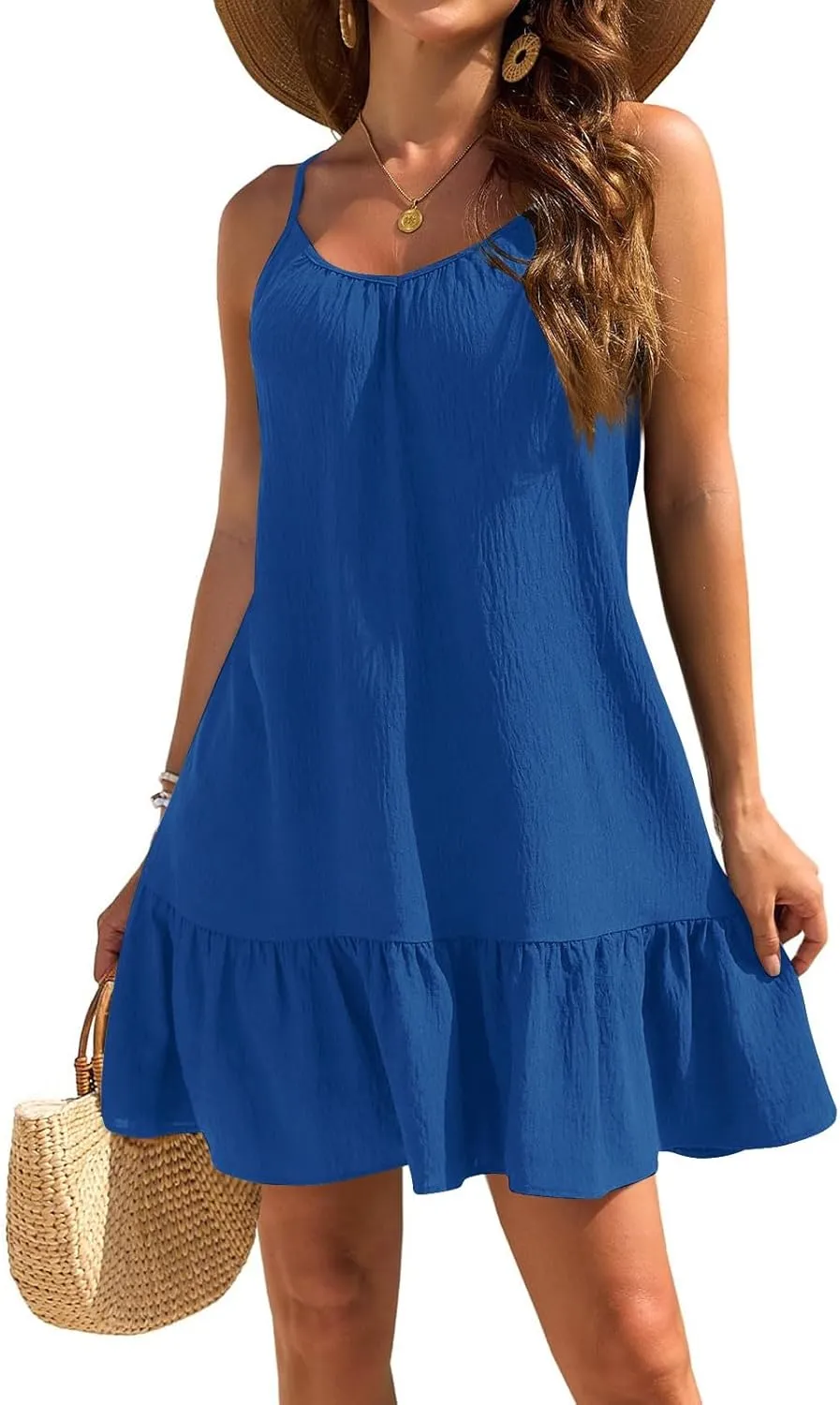 Summer Dresses for Women 2025 Scoop Neck Backless Sleeveless Ruffle Hem Flowy Swing A-Line Summer Mini Dress