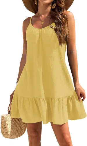 Summer Dresses for Women 2025 Scoop Neck Backless Sleeveless Ruffle Hem Flowy Swing A-Line Summer Mini Dress