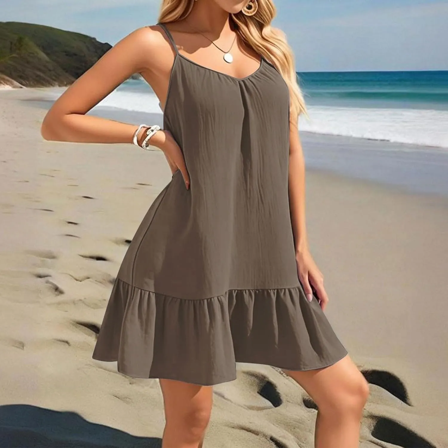 Summer Dresses for Women 2025 Scoop Neck Backless Sleeveless Ruffle Hem Flowy Swing A-Line Summer Mini Dress