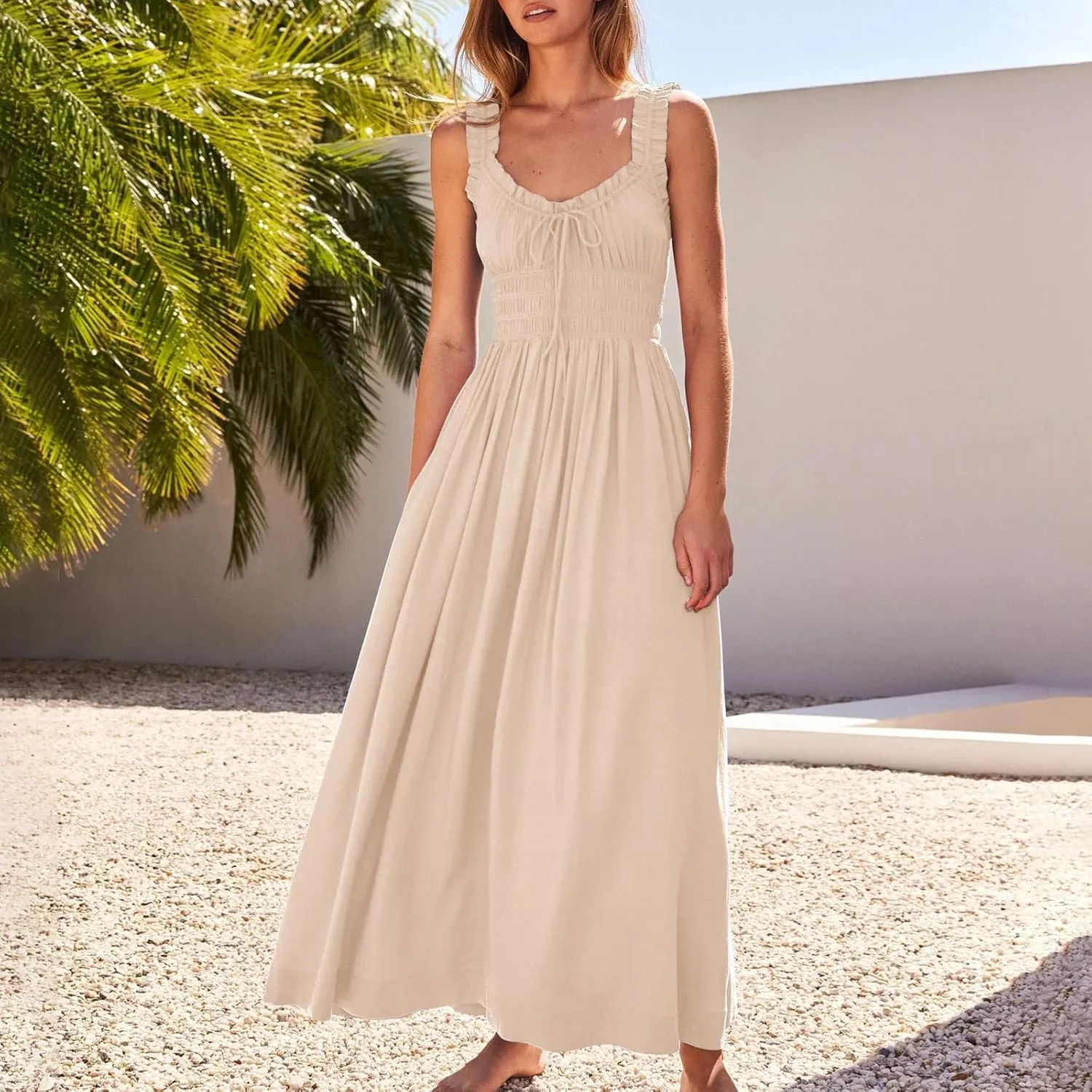 Summer Dresses for Women 2025 Trendy Sleeveless Beach Long Flowy Dresses Smocked Ruffle Maxi Sundress