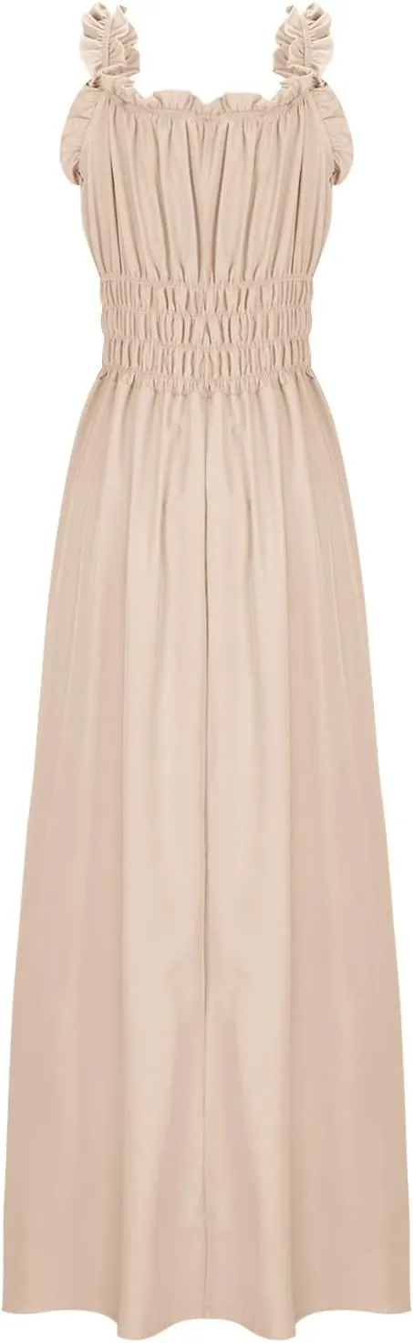 Summer Dresses for Women 2025 Trendy Sleeveless Beach Long Flowy Dresses Smocked Ruffle Maxi Sundress