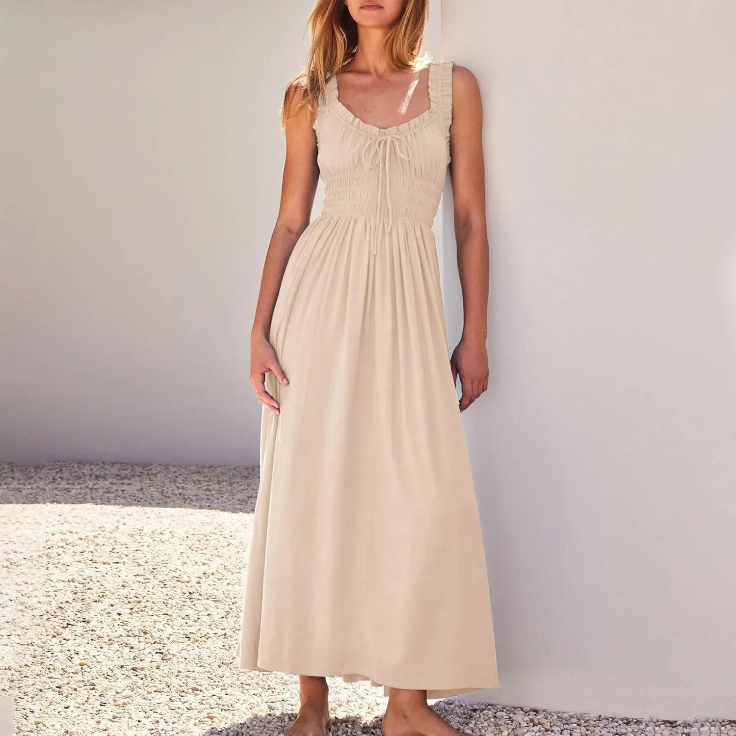 Summer Dresses for Women 2025 Trendy Sleeveless Beach Long Flowy Dresses Smocked Ruffle Maxi Sundress