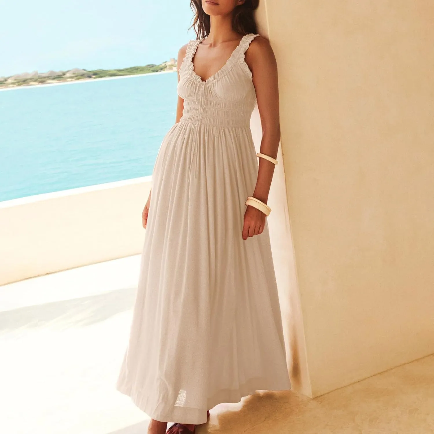 Summer Dresses for Women 2025 Trendy Sleeveless Beach Long Flowy Dresses Smocked Ruffle Maxi Sundress