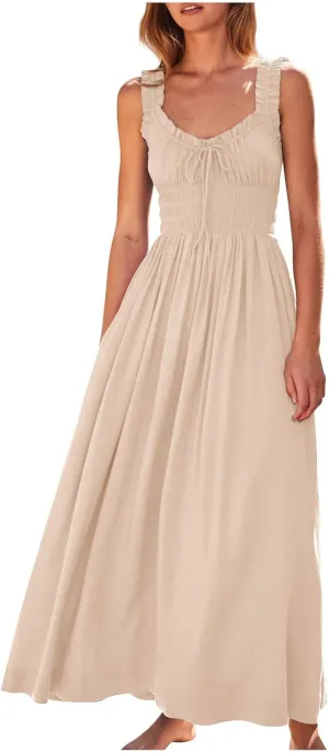 Summer Dresses for Women 2025 Trendy Sleeveless Beach Long Flowy Dresses Smocked Ruffle Maxi Sundress