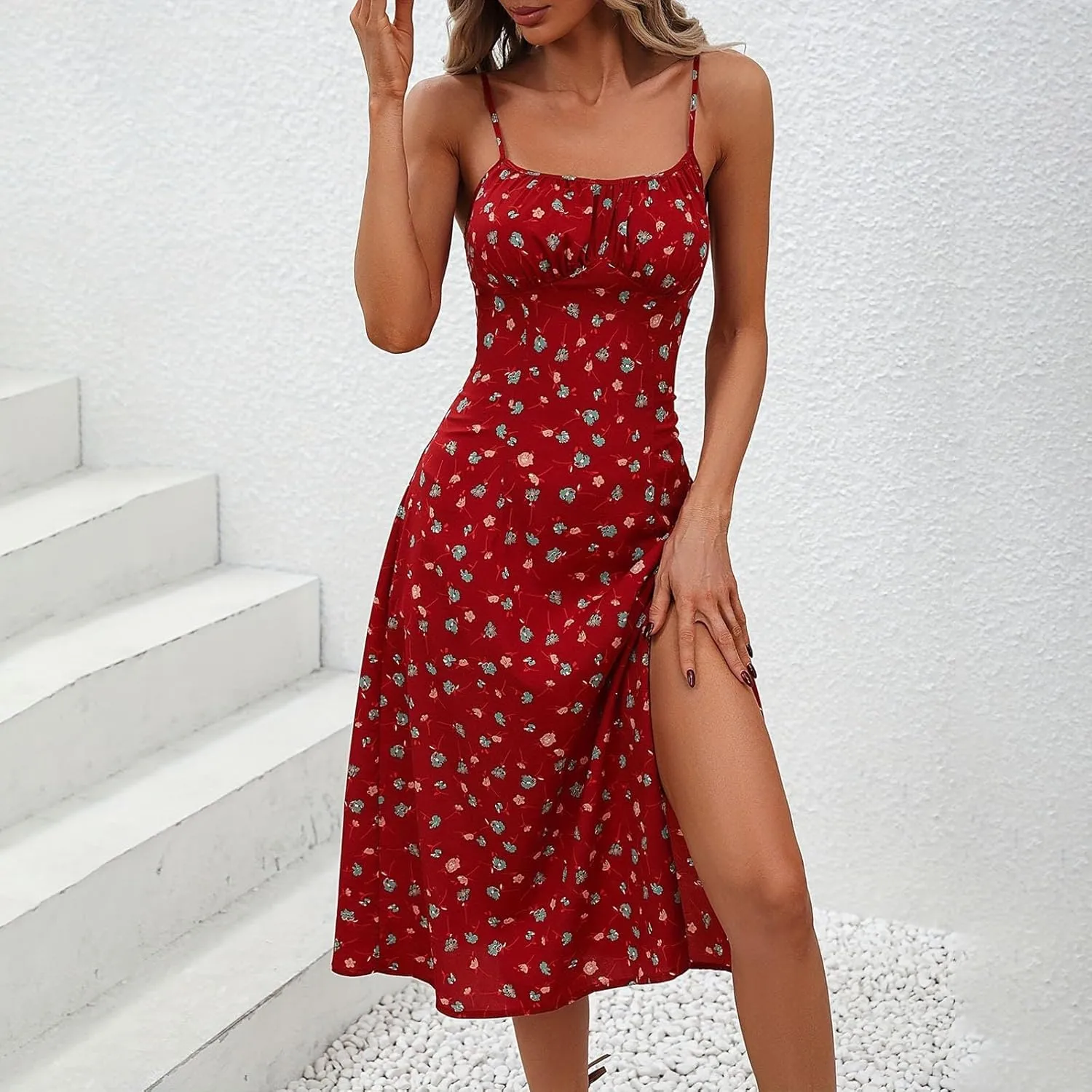 Summer Dresses for Women 2025 Trendy Spaghetti Strap Polka Dot Midi Dress Sexy Sleeveless Slit Beach Boho Sundresses