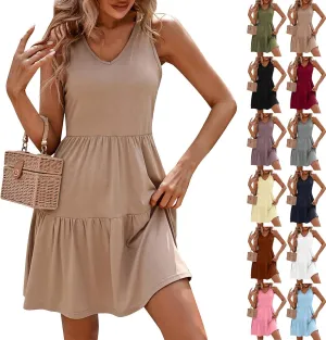 Summer Dresses for Women Casual V Neck Tank Dress Flowy Midi Dress Sleeveless Beach Dress Tiered Hem Sundresses