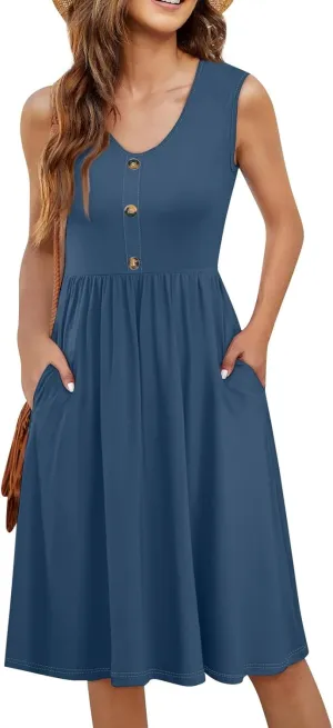 Summer Dresses for Women Loose Sundresses printedCasual Tshirt Tank Dresses Beach Sleeveless Mini Dress with Pockets