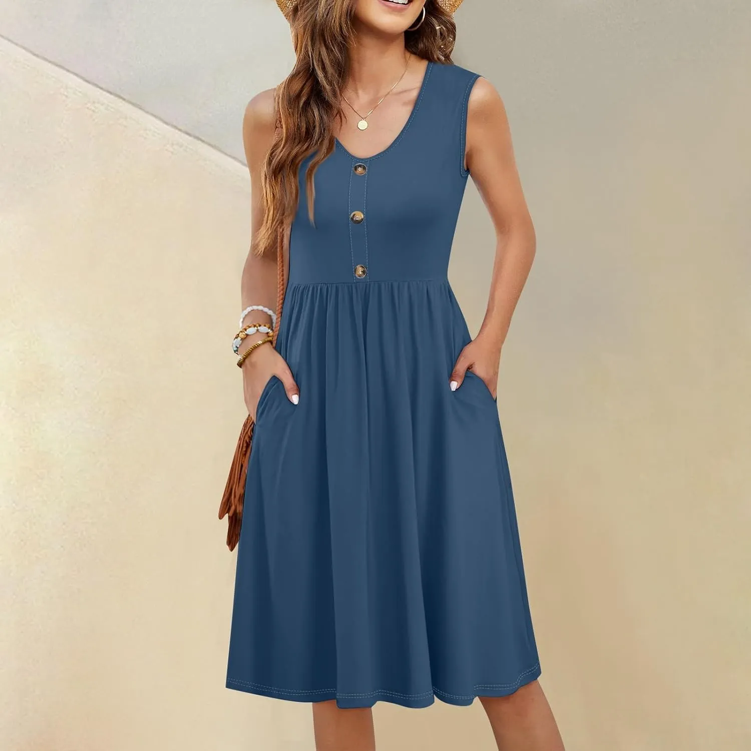 Summer Dresses for Women Loose Sundresses printedCasual Tshirt Tank Dresses Beach Sleeveless Mini Dress with Pockets