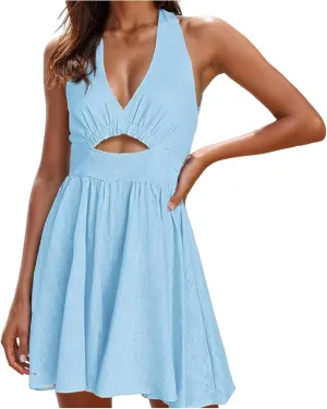 Summer Dresses Women Sleeveless Halter V-Neck Solid Color Midi Dress Casual Beach Sun Dresses 2024 Trendy Swing Dress