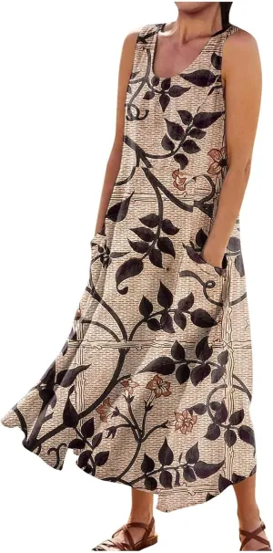 Summer Dresses,Summer Dress Maxi Casual Sleeveless Boho Beach Floral Print Crewneck Outdoor Long Sundress with Pocket