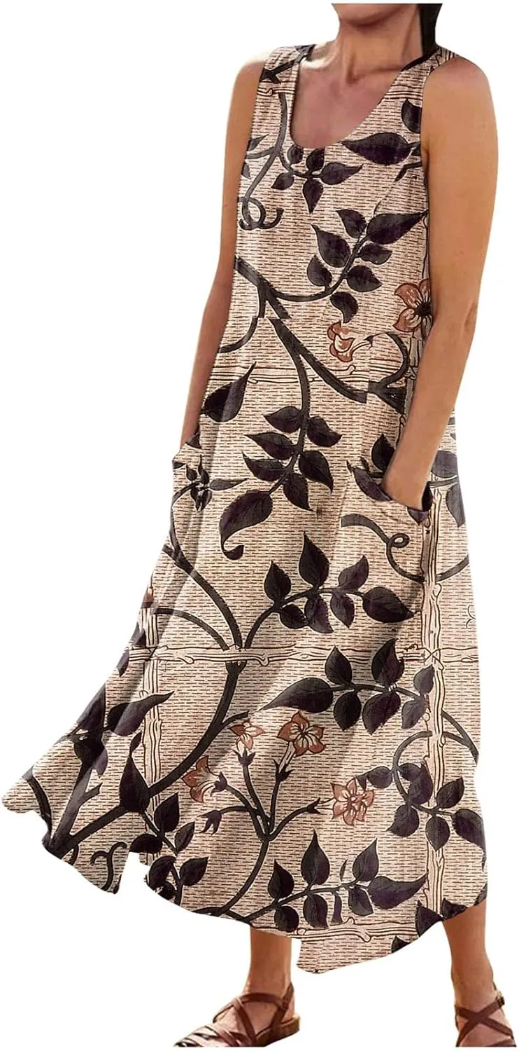 Summer Dresses,Summer Dress Maxi Casual Sleeveless Boho Beach Floral Print Crewneck Outdoor Long Sundress with Pocket