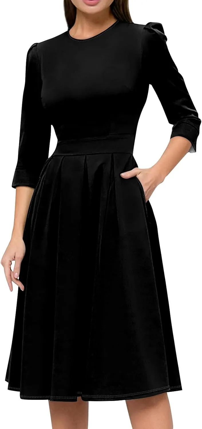 Summer Fall Long Sleeve Formal Midi Dress for Women Trendy Smocked Flowy Casual 3/4 Sleeve Elegant Floral Dress