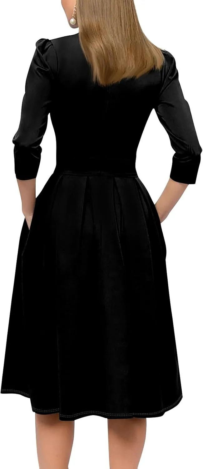 Summer Fall Long Sleeve Formal Midi Dress for Women Trendy Smocked Flowy Casual 3/4 Sleeve Elegant Floral Dress