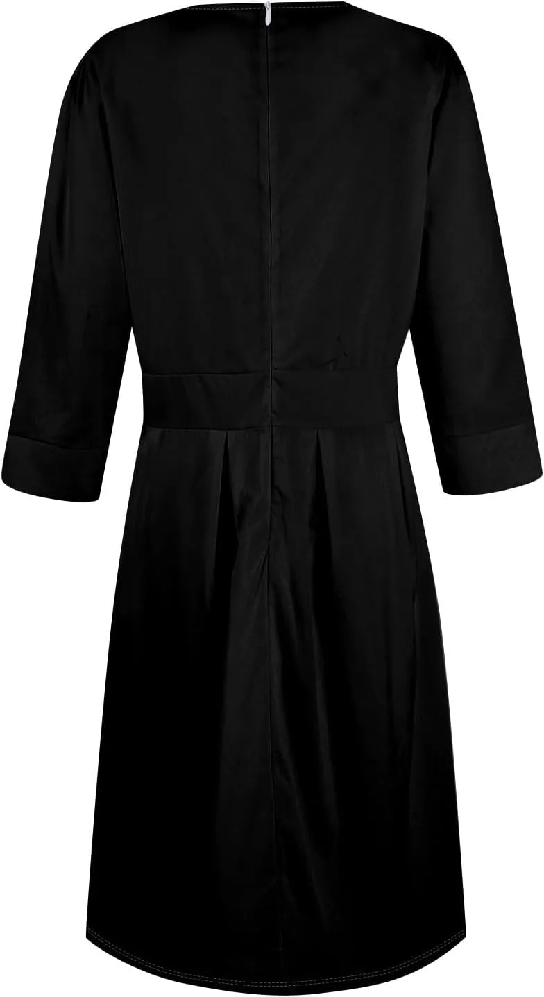 Summer Fall Long Sleeve Formal Midi Dress for Women Trendy Smocked Flowy Casual 3/4 Sleeve Elegant Floral Dress