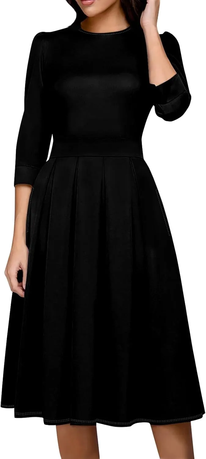 Summer Fall Long Sleeve Formal Midi Dress for Women Trendy Smocked Flowy Casual 3/4 Sleeve Elegant Floral Dress