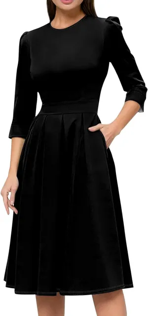Summer Fall Long Sleeve Formal Midi Dress for Women Trendy Smocked Flowy Casual 3/4 Sleeve Elegant Floral Dress
