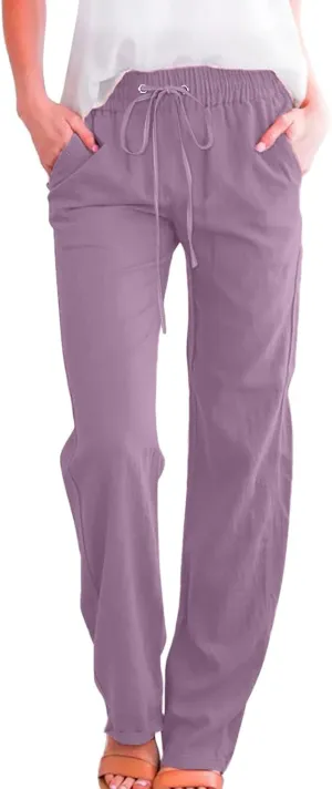 Summer Linen Pants for Women Lightweight Relax Fit Elastic Waist Solid Lounge Long Pants Trendy Beach Boho Trousers