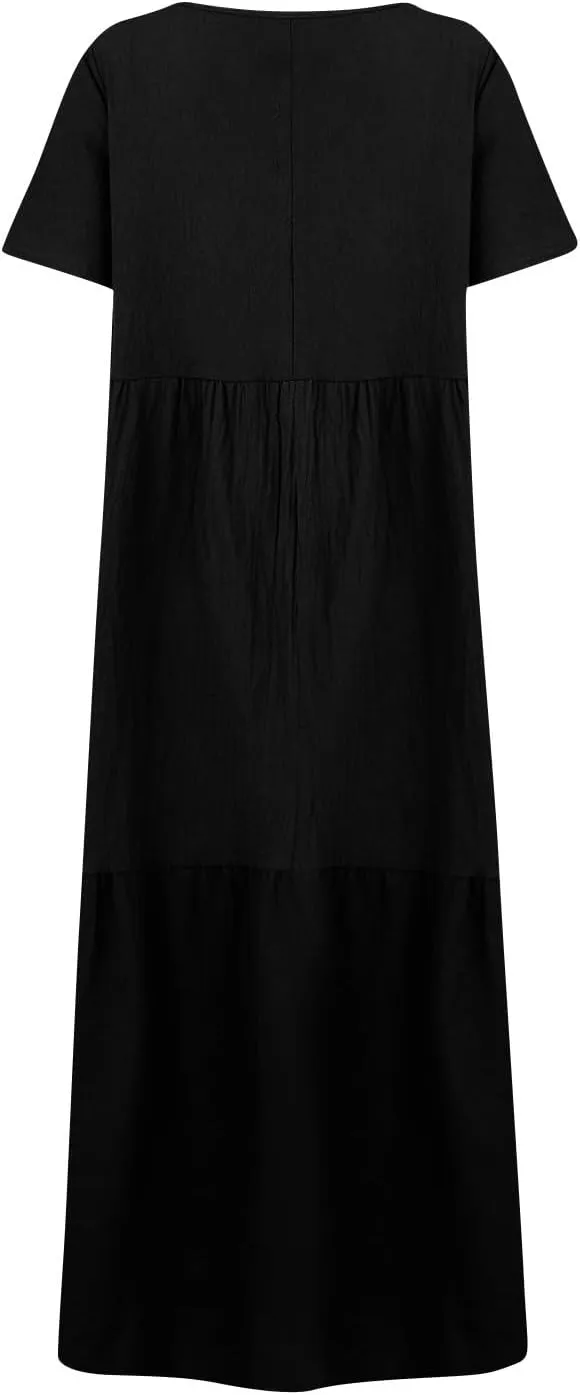 Summer Maxi Dresses for Women Plus Size Cotton Linen V Neck Tiered Dress Loose Casual Maternity Beach Long Flowy Dresses