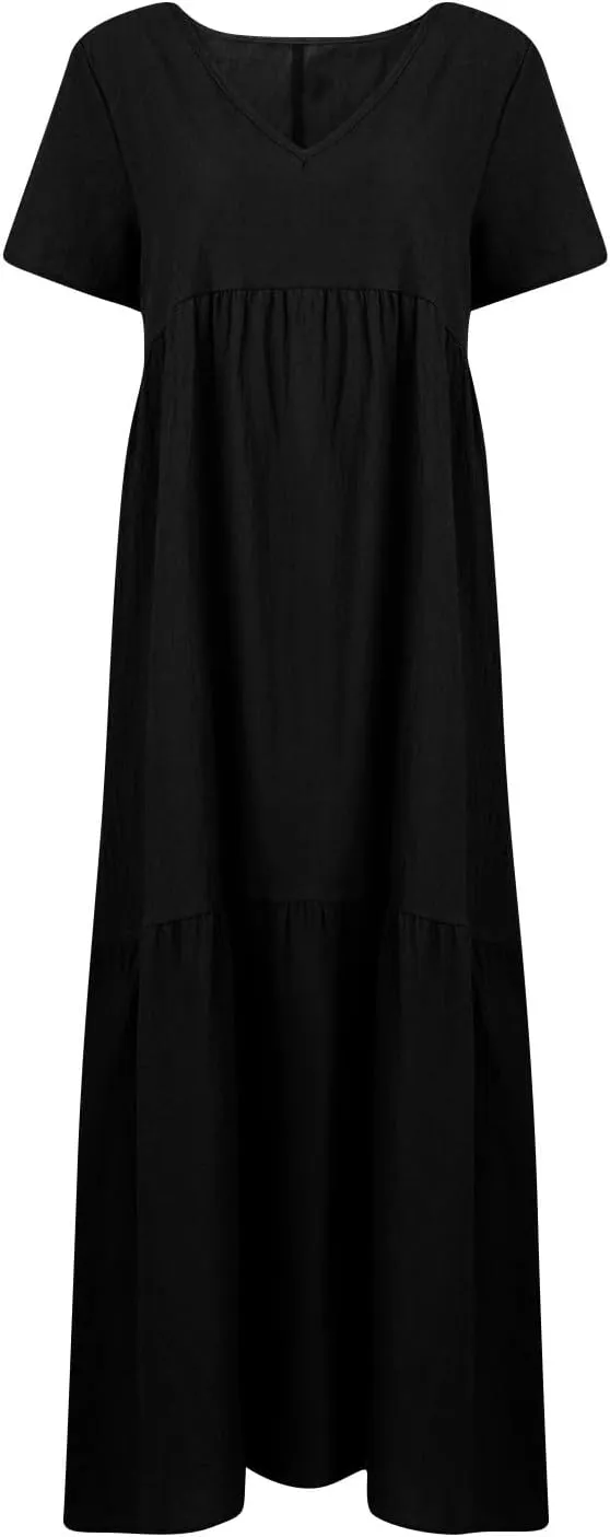Summer Maxi Dresses for Women Plus Size Cotton Linen V Neck Tiered Dress Loose Casual Maternity Beach Long Flowy Dresses