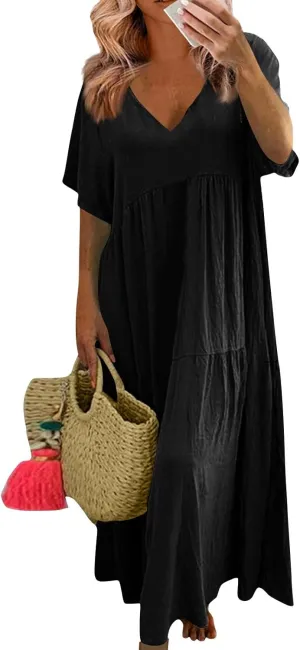 Summer Maxi Dresses for Women Plus Size Cotton Linen V Neck Tiered Dress Loose Casual Maternity Beach Long Flowy Dresses