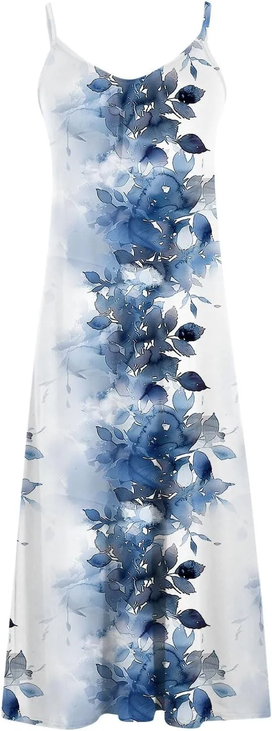 Sun Dresses for Women 2024 Summer Fashion Casual Sleeveless Boho Floral Maxi Sundress Spaghetti Strap Beach Dress