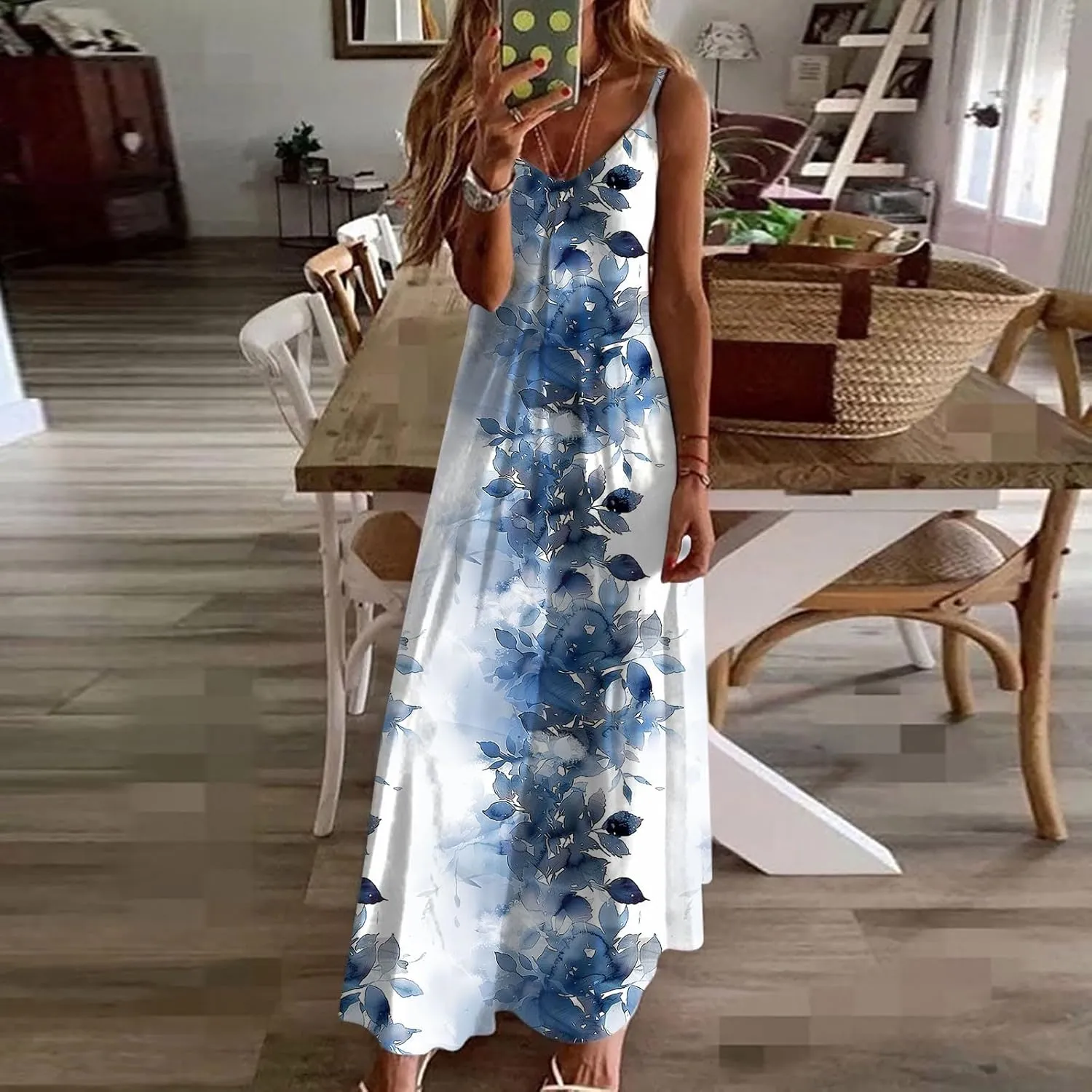 Sun Dresses for Women 2024 Summer Fashion Casual Sleeveless Boho Floral Maxi Sundress Spaghetti Strap Beach Dress