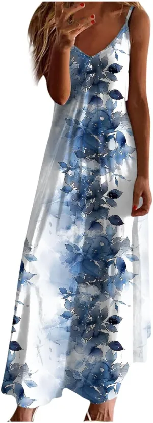 Sun Dresses for Women 2024 Summer Fashion Casual Sleeveless Boho Floral Maxi Sundress Spaghetti Strap Beach Dress