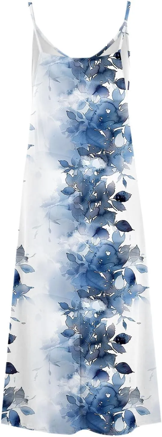 Sun Dresses for Women 2024 Summer Fashion Casual Sleeveless Boho Floral Maxi Sundress Spaghetti Strap Beach Dress