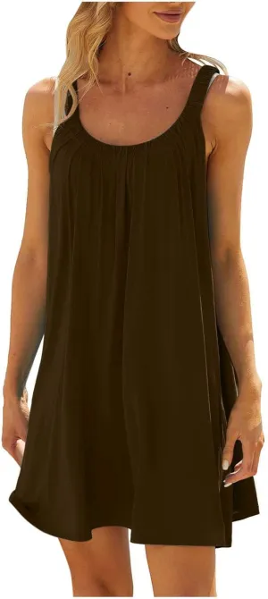 Sun Dresses Women Sleeveless Crewneck Mini Dress Ruffle Summer Beach Coverup Sundress Casual Hawaiian Outfits