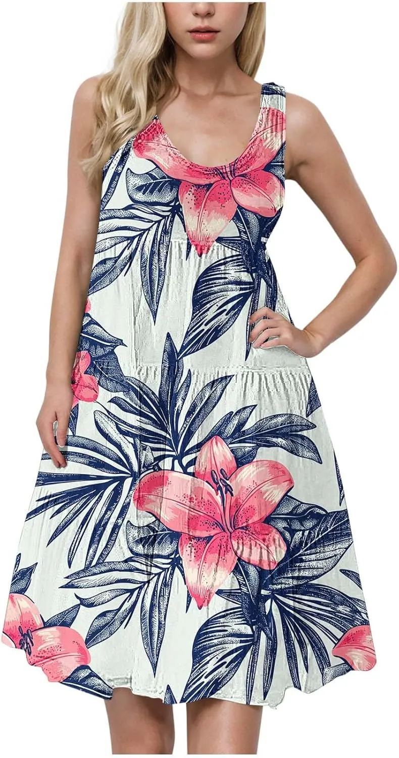 Sundresses for Women 2025 Floral Sleeveless Tank Mini Dress Boho Loose Fit A Line Ruffle Dress Loose Summer Sundress