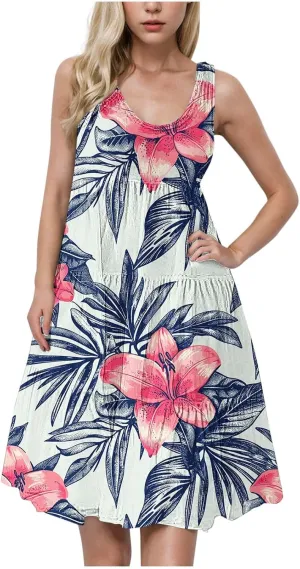 Sundresses for Women 2025 Floral Sleeveless Tank Mini Dress Boho Loose Fit A Line Ruffle Dress Loose Summer Sundress