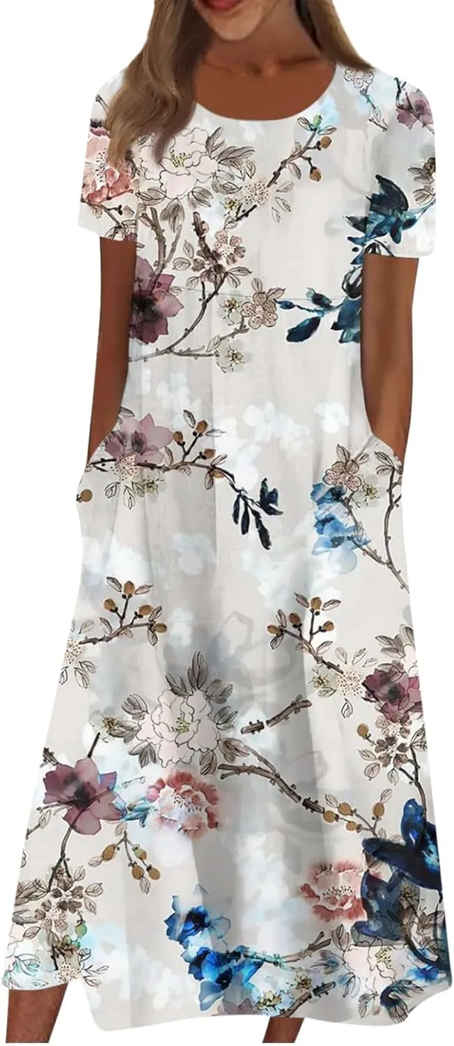 Sundresses for Women 2025 Printed Short Sleeve Maxi Dress Pleated O Neck Long Dress Trendy Boho Dress with Pocket
