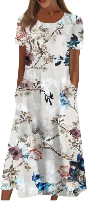 Sundresses for Women 2025 Printed Short Sleeve Maxi Dress Pleated O Neck Long Dress Trendy Boho Dress with Pocket