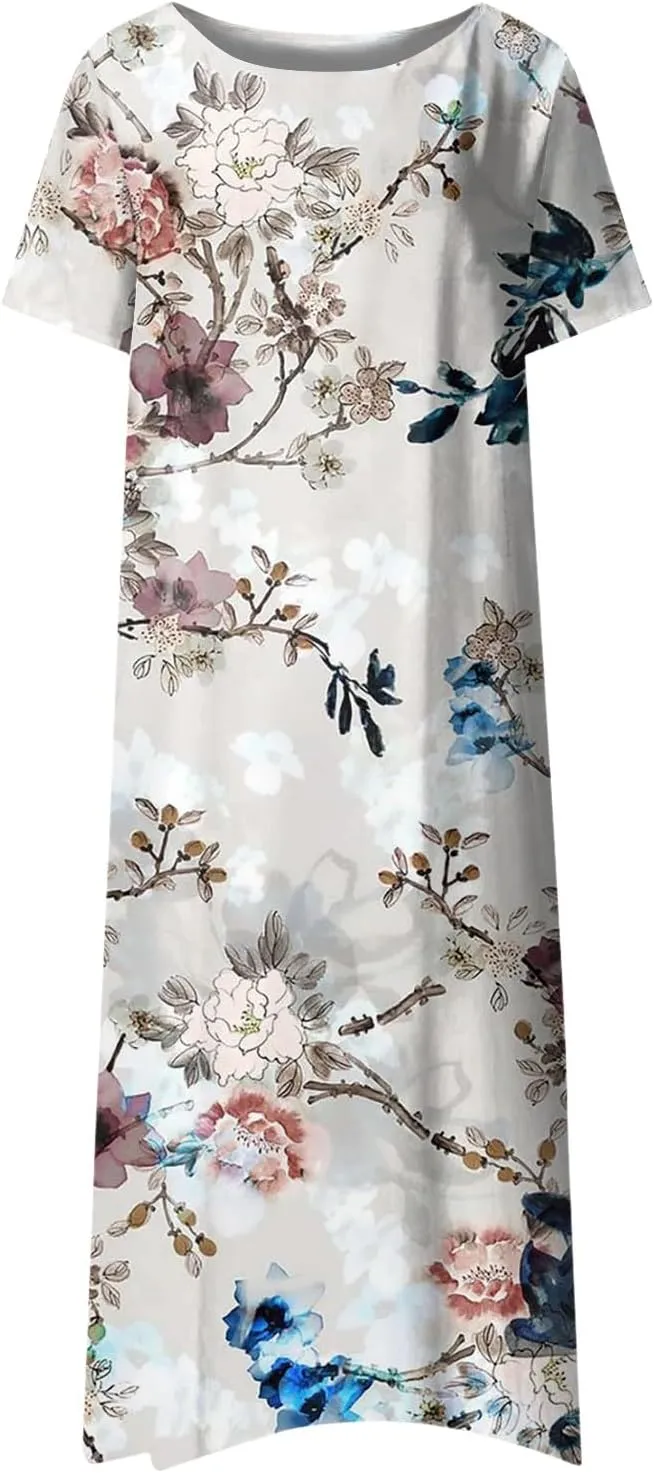 Sundresses for Women 2025 Printed Short Sleeve Maxi Dress Pleated O Neck Long Dress Trendy Boho Dress with Pocket