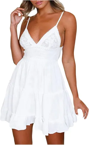 Sundresses for Women,2024 Summer Elegant Sexy Bodycon V Neck Spaghetti Strap Mini Party Dress,Flowy Vacation Dress