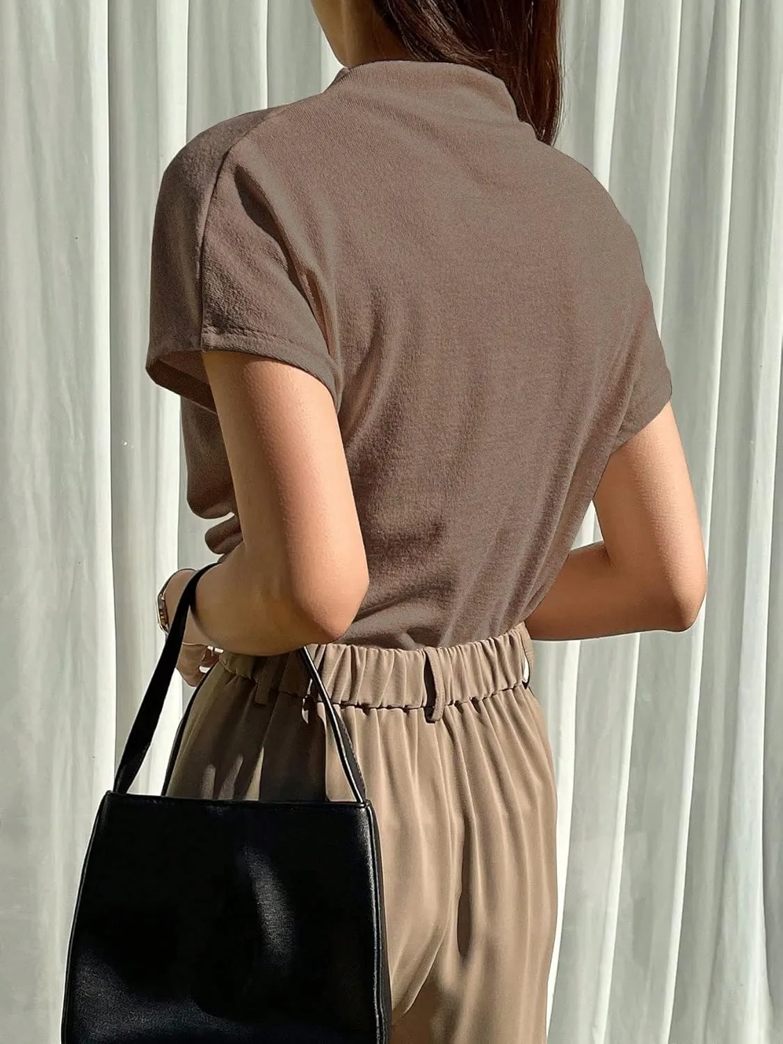 SweatyRocks Women's Casual Short Sleeve Mock Neck Tee Top Asymmetric Ruched Plain T Shirt