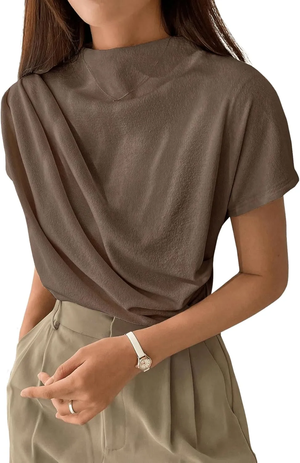 SweatyRocks Women's Casual Short Sleeve Mock Neck Tee Top Asymmetric Ruched Plain T Shirt