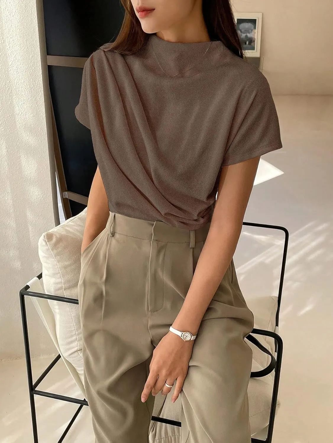 SweatyRocks Women's Casual Short Sleeve Mock Neck Tee Top Asymmetric Ruched Plain T Shirt