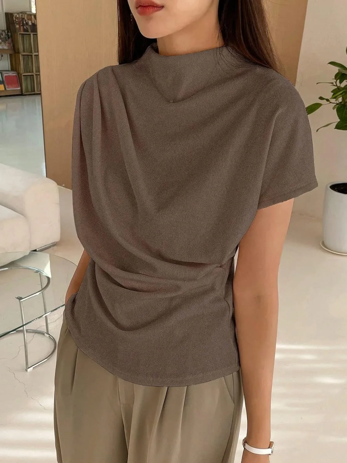 SweatyRocks Women's Casual Short Sleeve Mock Neck Tee Top Asymmetric Ruched Plain T Shirt