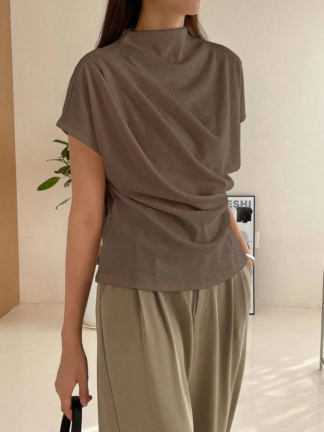 SweatyRocks Women's Casual Short Sleeve Mock Neck Tee Top Asymmetric Ruched Plain T Shirt