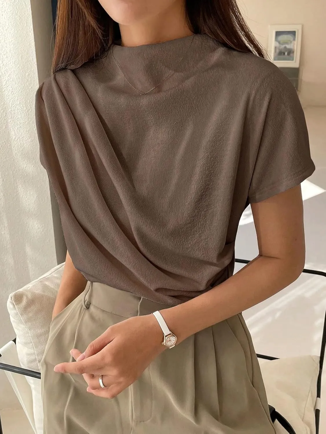 SweatyRocks Women's Casual Short Sleeve Mock Neck Tee Top Asymmetric Ruched Plain T Shirt