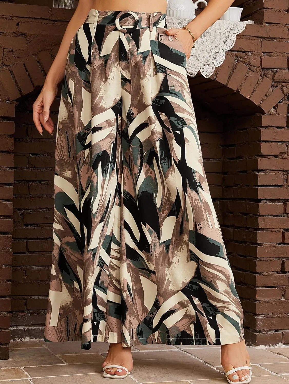 SweatyRocks Women's High Elastic Waist Pockets Pants Floral Print Wide Leg Loose Palazzo Pants Trousers with Belt