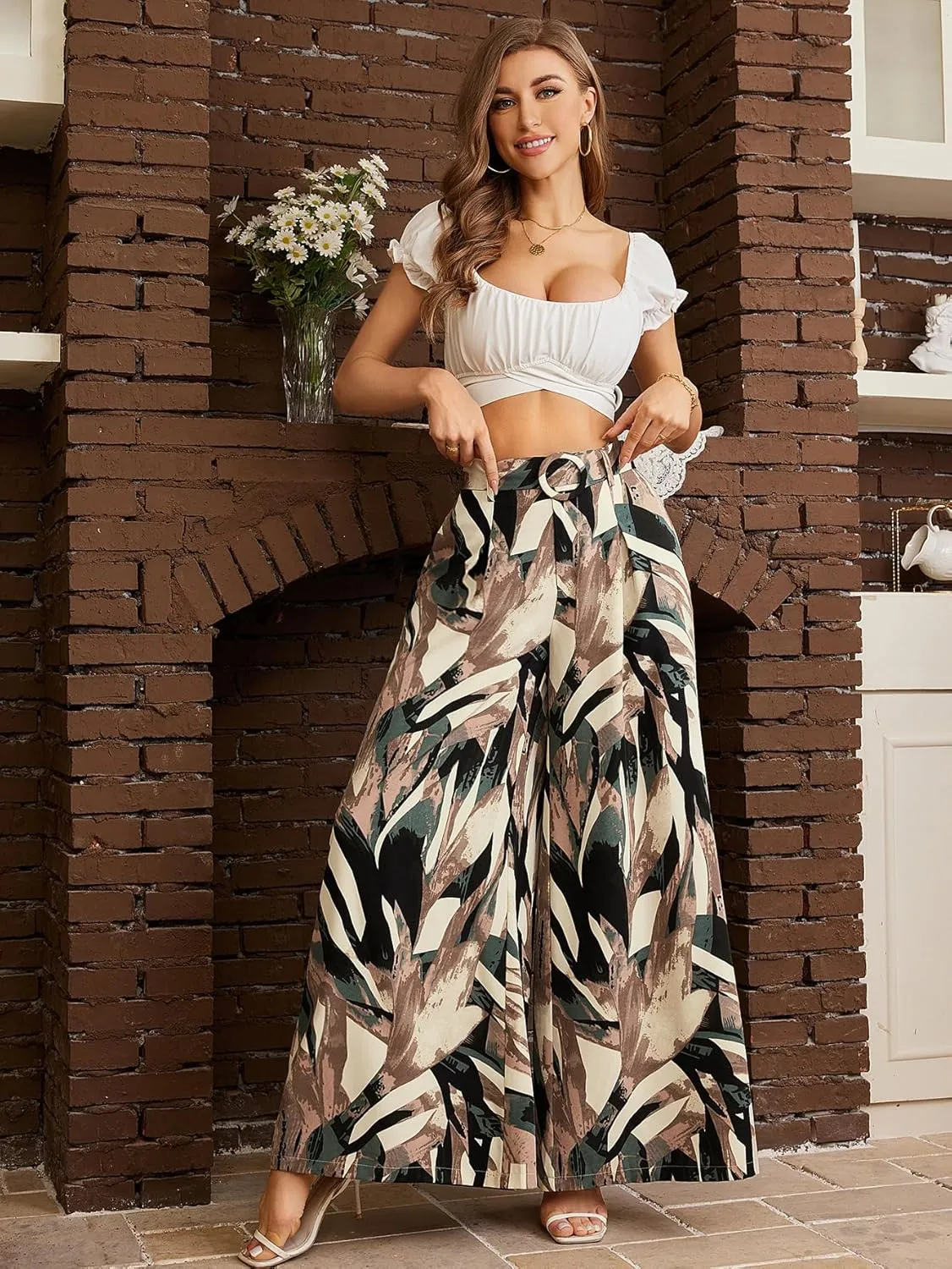 SweatyRocks Women's High Elastic Waist Pockets Pants Floral Print Wide Leg Loose Palazzo Pants Trousers with Belt