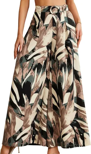 SweatyRocks Women's High Elastic Waist Pockets Pants Floral Print Wide Leg Loose Palazzo Pants Trousers with Belt