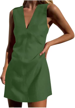Tank Dresses for Women Summer Casual Loose Fit V Neck Sleeveless Sundress Trendy Solid Beach Vacation Mini Dress