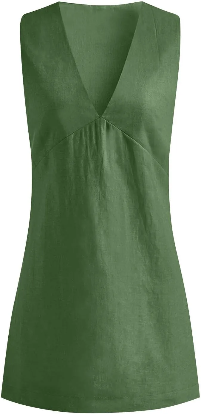Tank Dresses for Women Summer Casual Loose Fit V Neck Sleeveless Sundress Trendy Solid Beach Vacation Mini Dress
