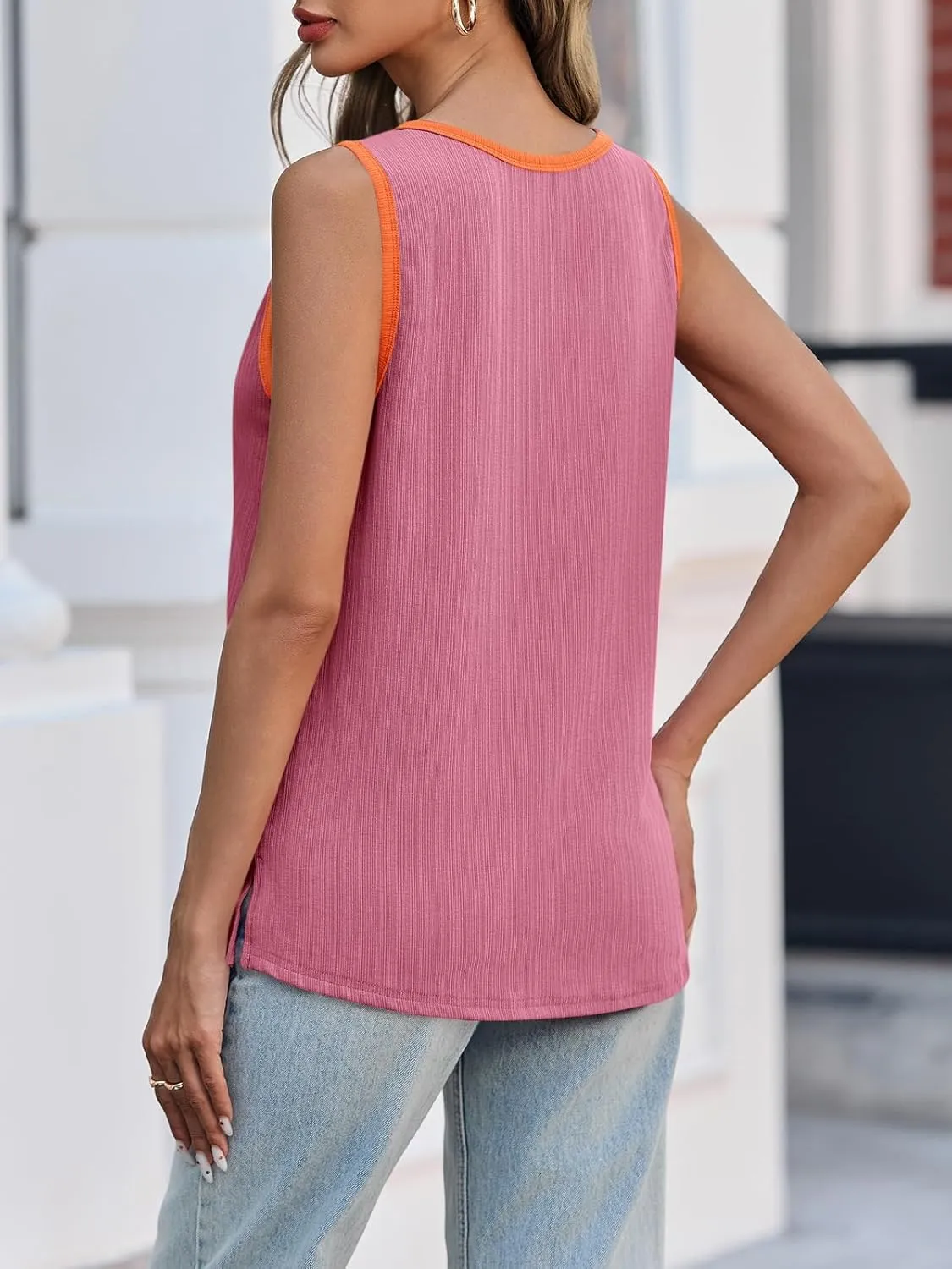 Tankaneo Womens Summer Color Block Tank Tops Casual Scoop Neck Sleeveless Shirt Loose Fit Ribbed Knit Basic Tee