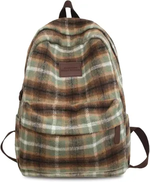 Teclado Backpack Plush Plaid Pattern 17.7 Inch Bookbags Lightweight Laptop Bag Travel Daypacks (Green)