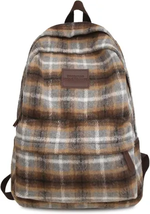 Teclado Backpack Plush Plaid Pattern 17.7 Inch Bookbags Lightweight Laptop Bag Travel Daypacks (Grey)