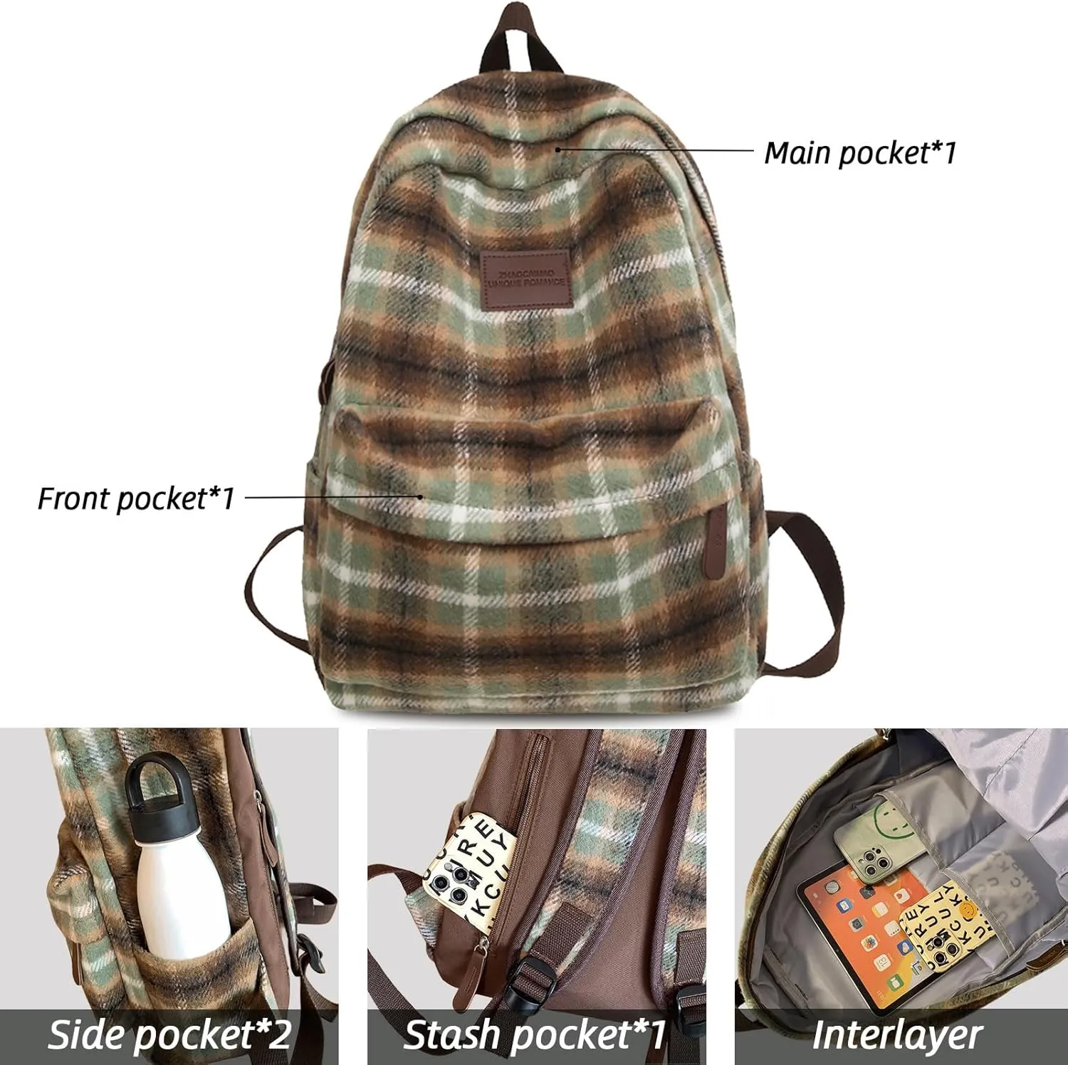Teclado Backpack Plush Plaid Pattern 17.7 Inch Bookbags Lightweight Laptop Bag Travel Daypacks (Red)
